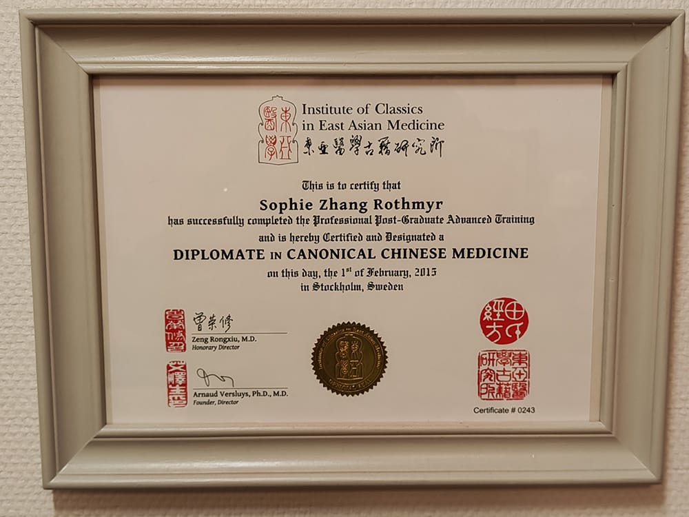 Diplom från Institute of Classics in East Asian Medicine till Sophie på Jadepoints